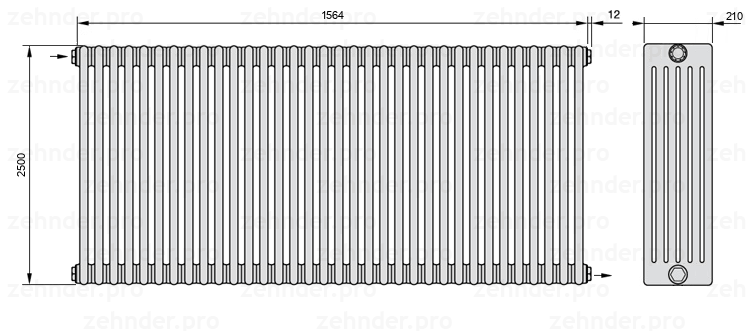 Схема (чертеж) Радиатор Zehnder Charleston 6250/34 №1670 Белый глянцевый RAL 9016